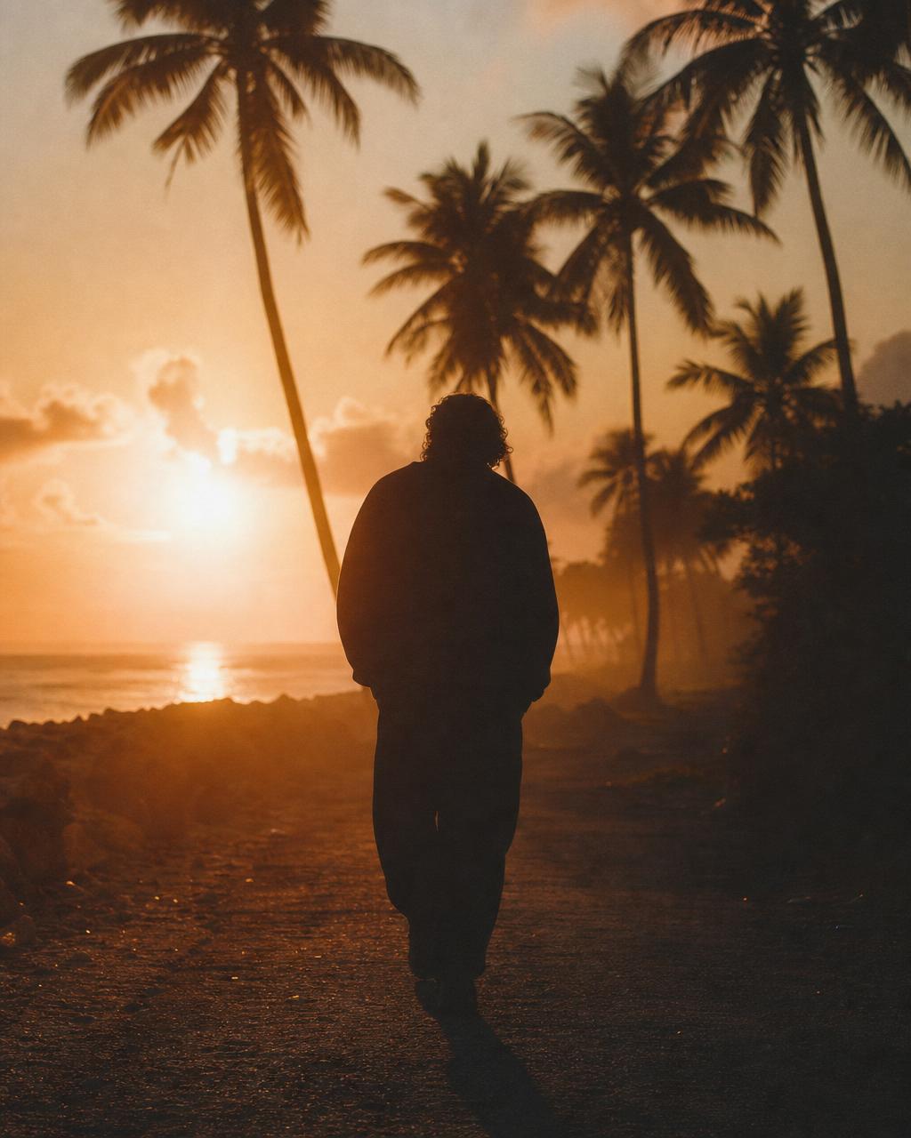 Silhouette walking toward a tropical sunset — the next drop is coming